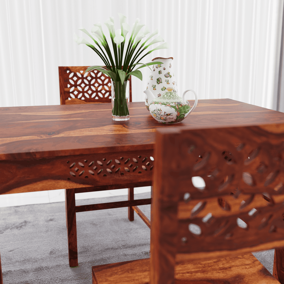 Wooden 4 seater dining table with closeup view