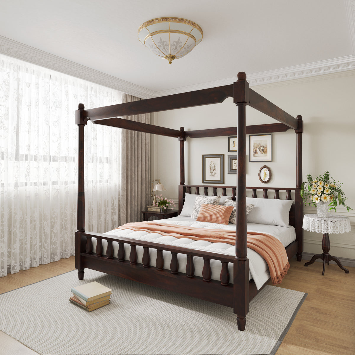 Wooden King Size Poster Bed without Storage for Bedroom