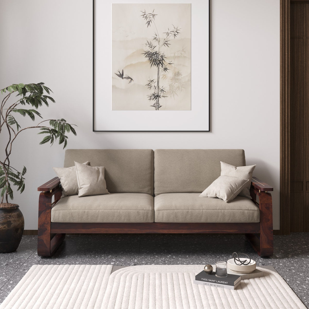 Wooden Sofa Set 3 Seater with Rattan Design in Honey Finish
