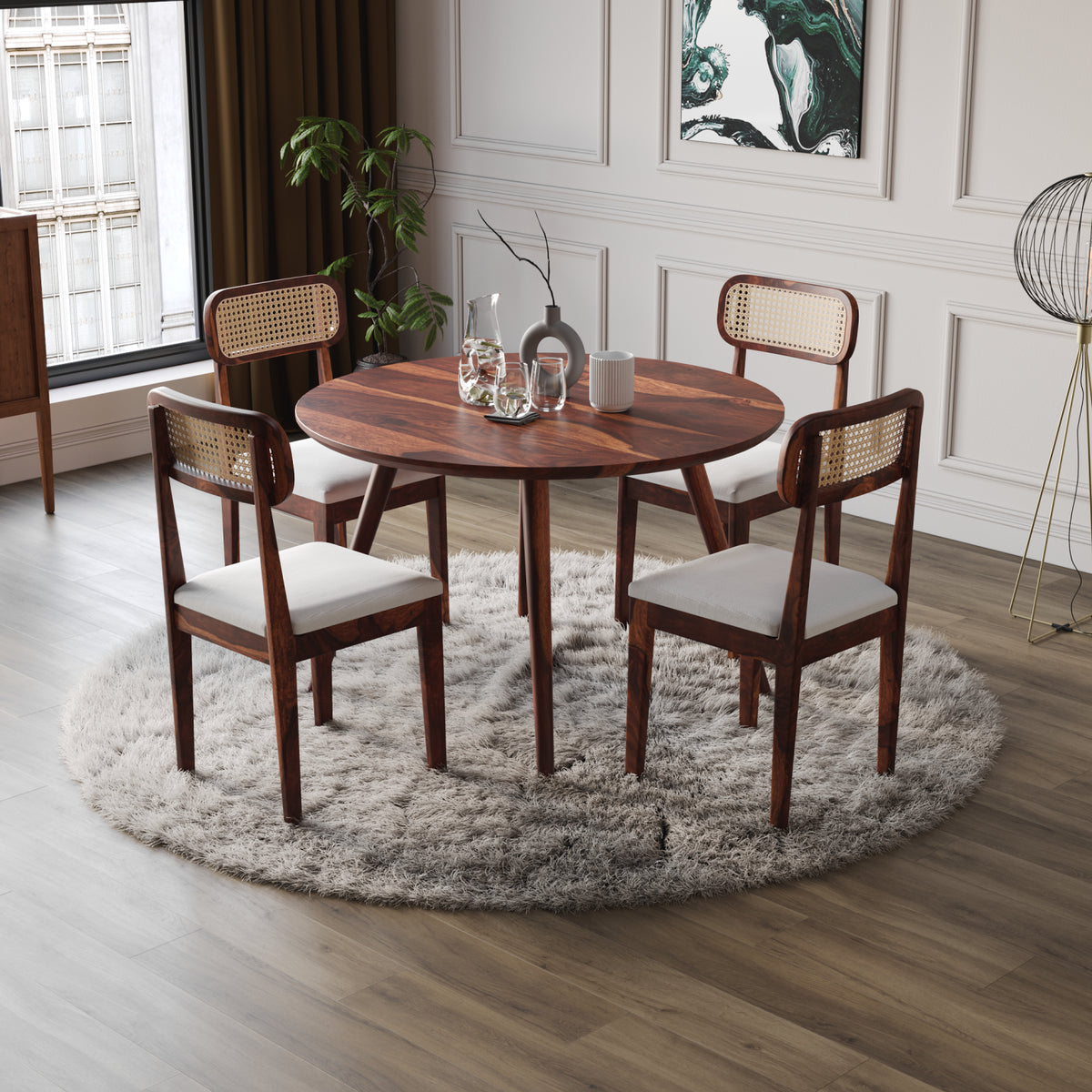 4 Seater Sheesham Wood Round Dining Table Set