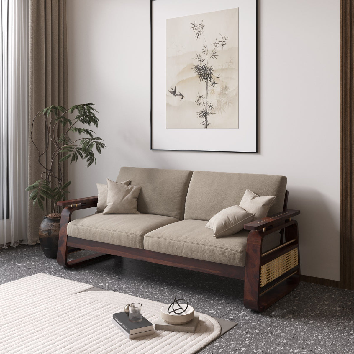 Wooden Sofa Set 3 Seater with Rattan Design in Honey Finish