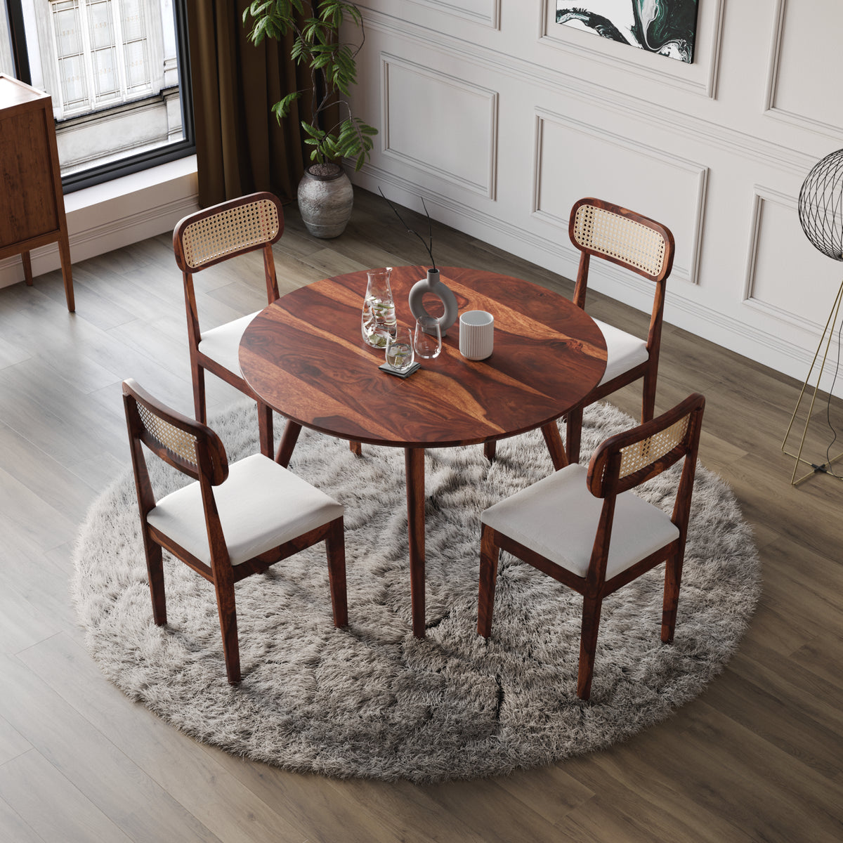 4 Seater Sheesham Wood Round Dining Table Set