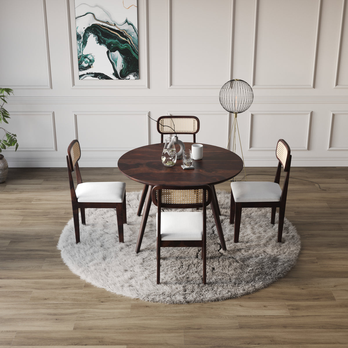 4 Seater Sheesham Wood Round Dining Table Set
