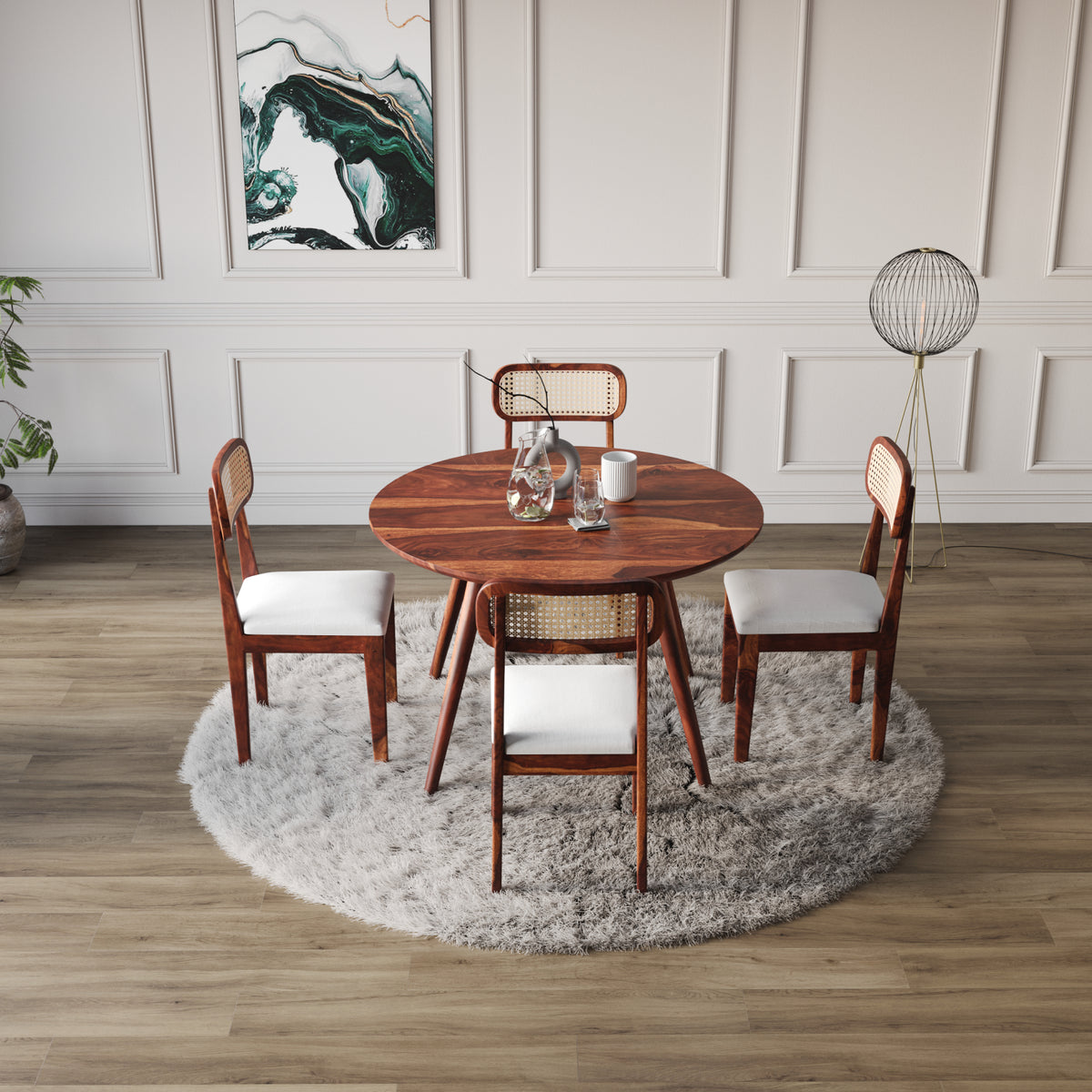 4 Seater Sheesham Wood Round Dining Table Set
