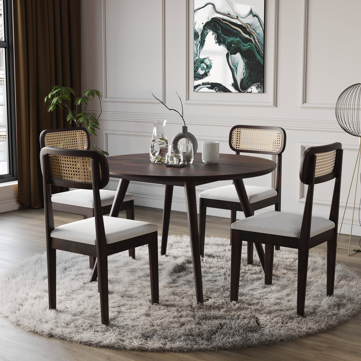 4 Seater Sheesham Wood Round Dining Table Set