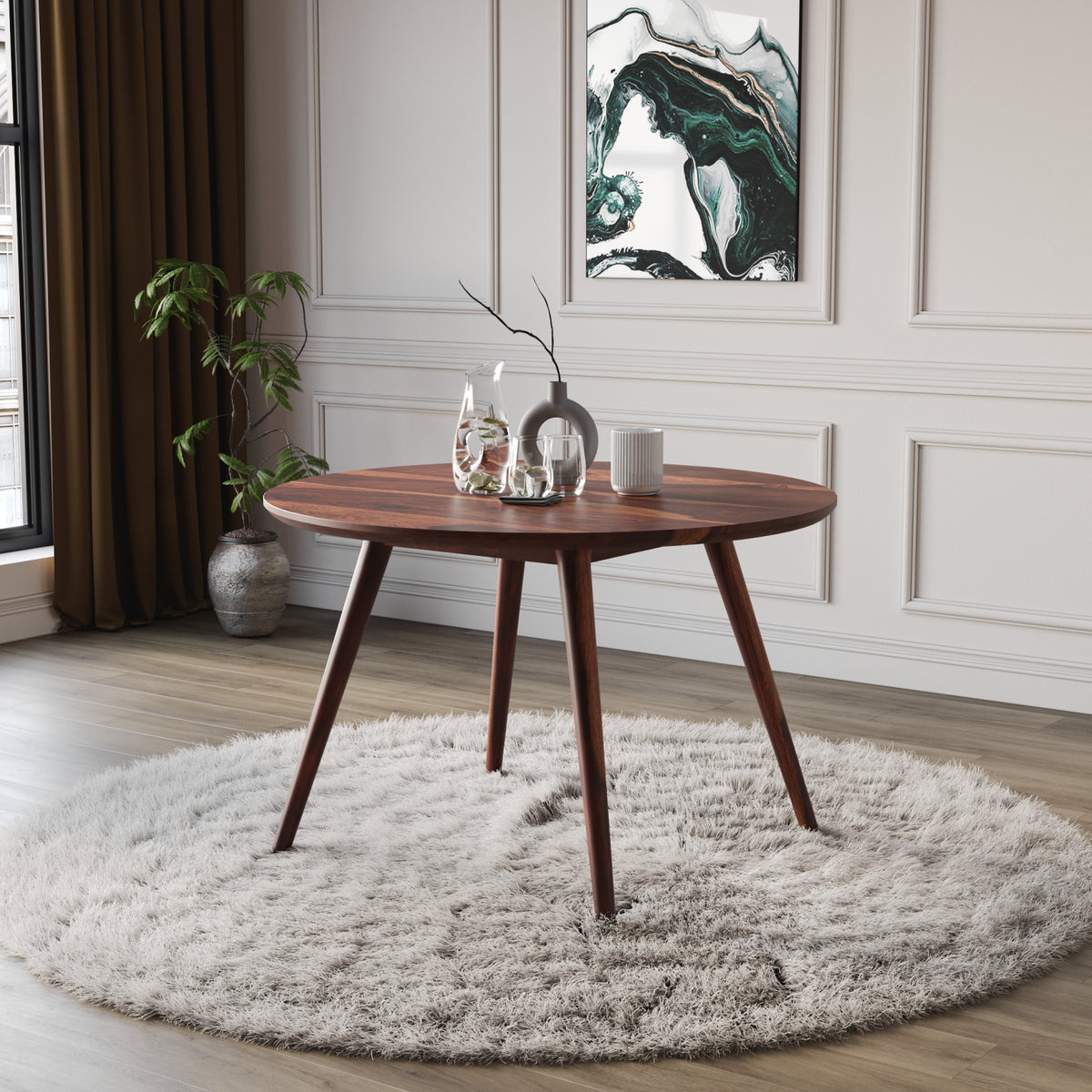4 Seater Sheesham Wood Round Dining Table Set