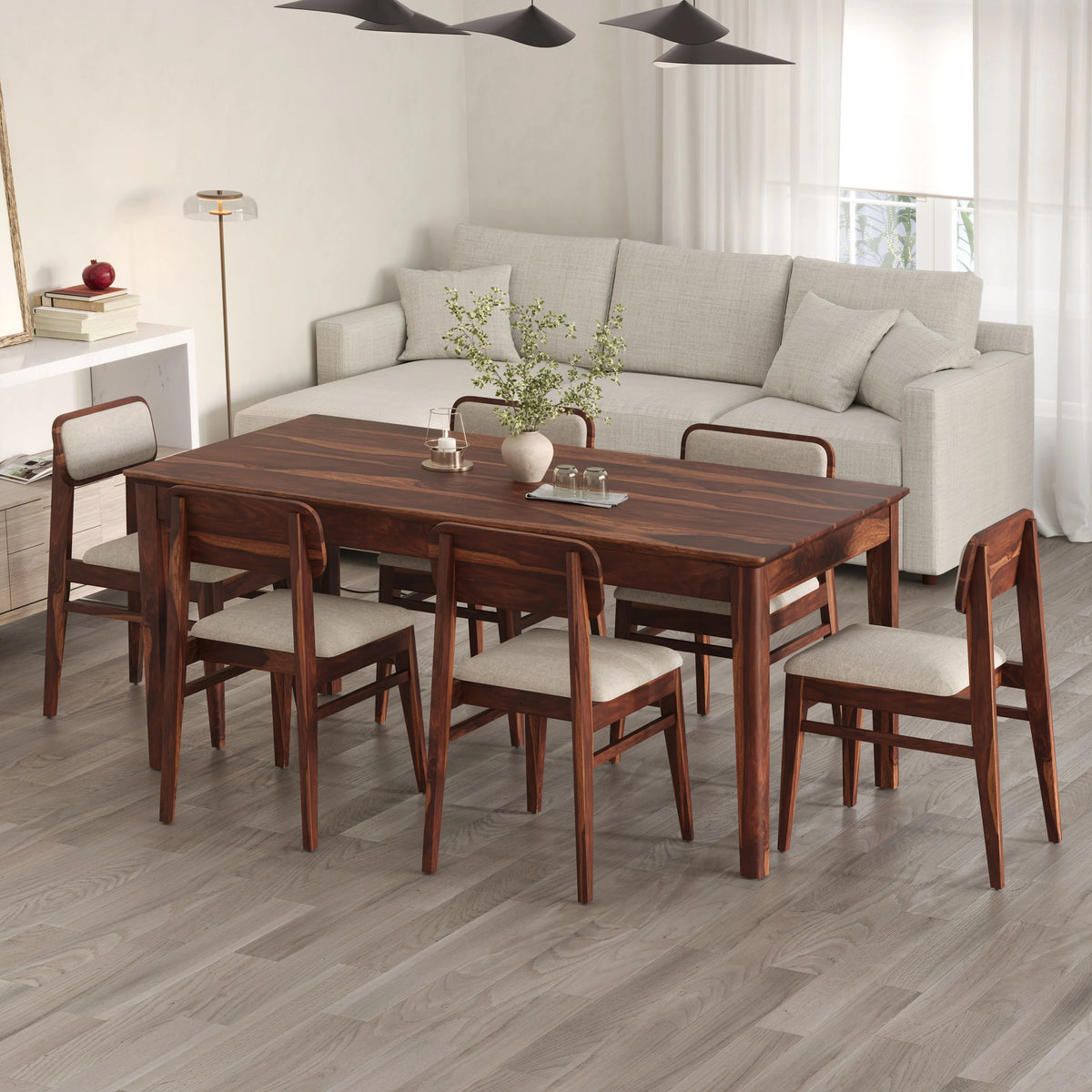 Oslo Solid Sheesham Wood 6 Seater Dining Table Set - Honey Finish