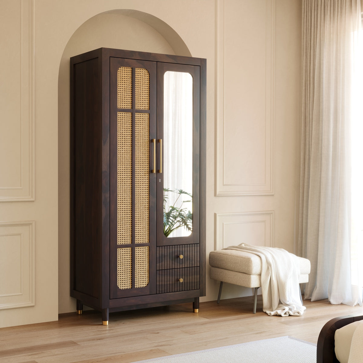 Sheesham Wood Wardrobe with Cane & Mirror