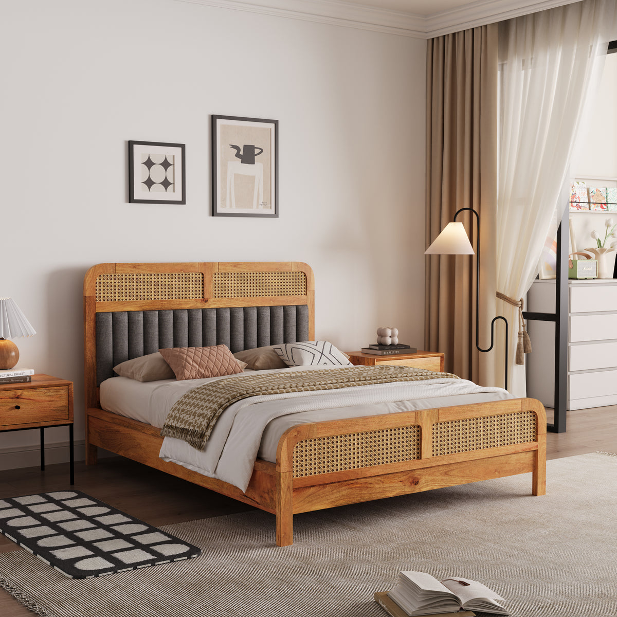Wooden Queen Size bed without Storage in Natural Finish for Bedroom