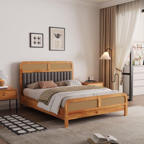 Wooden bed with wicker headboard in a bedroom setting