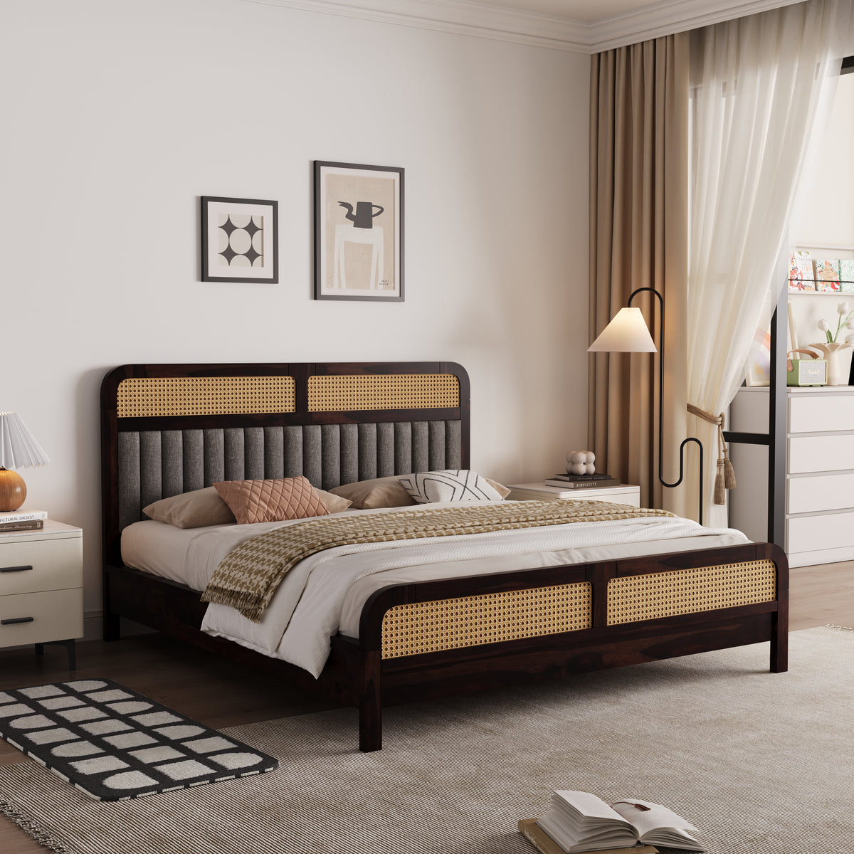 Wooden King Size bed without Storage in Walnut Finish for Bedroom
