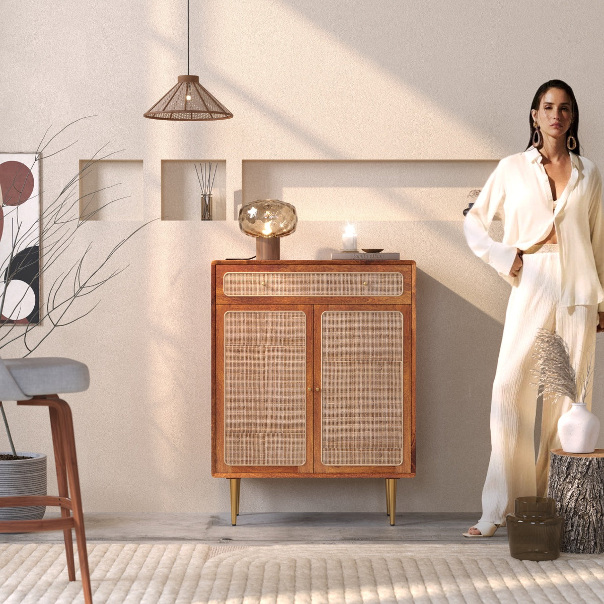Solid Wood Shoe Cabinet in Rattan Design