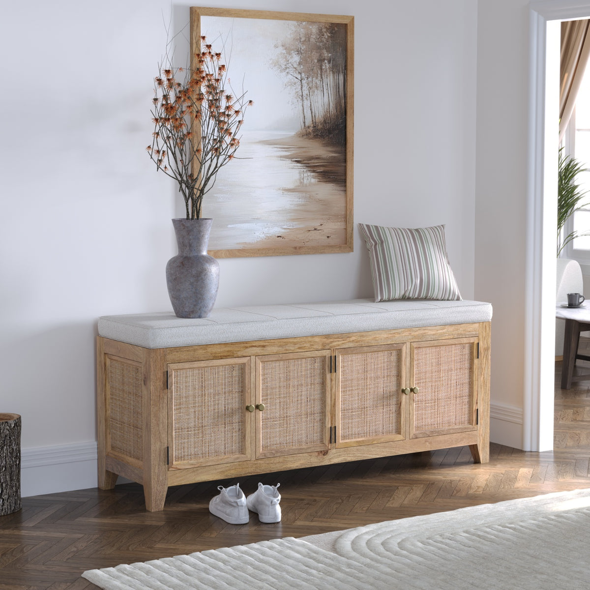 Solid Wood Shoe Cabinet in Rattan Design with Cushion Seat
