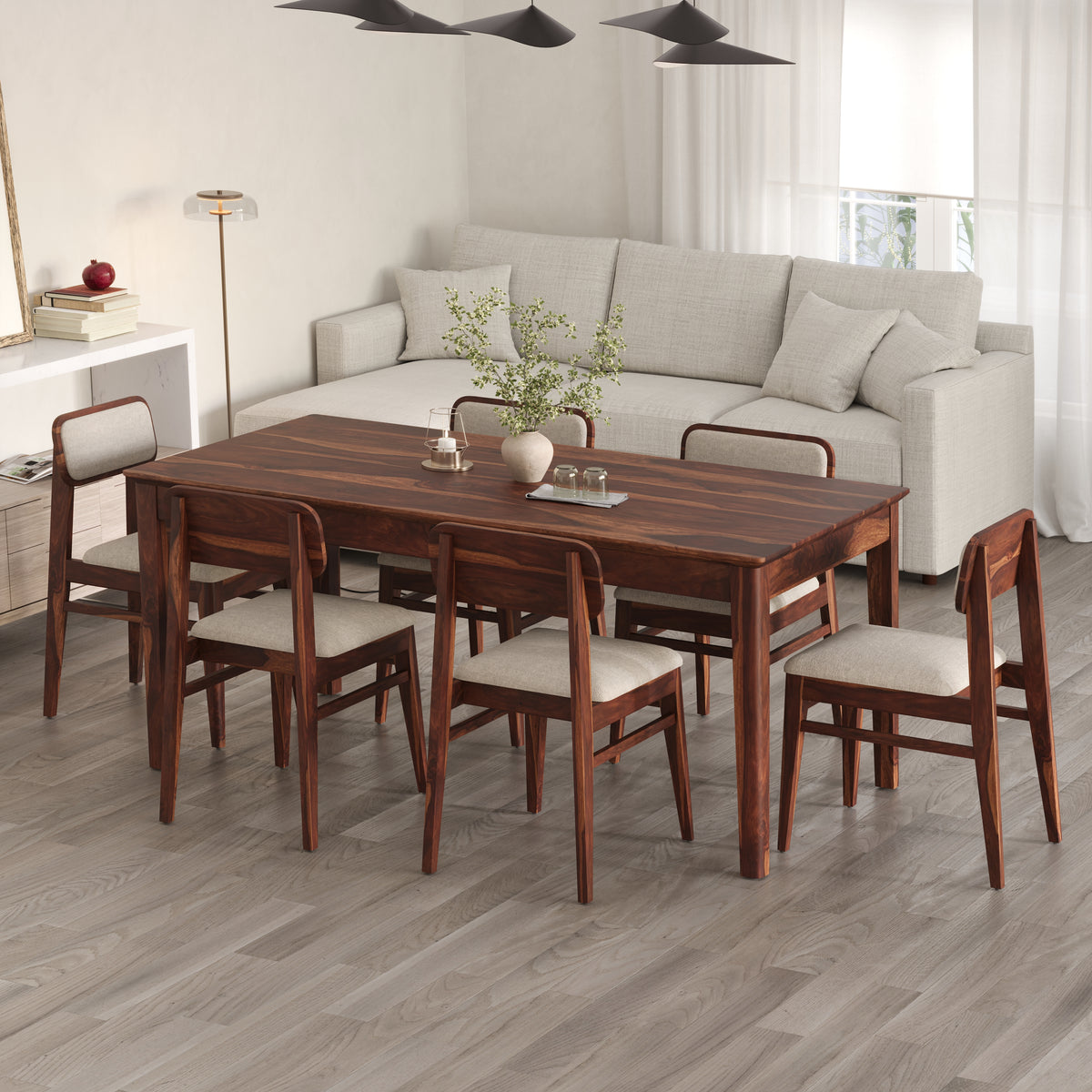 Oslo Solid Sheesham Wood 6 Seater Dining Table Set - Honey Finish