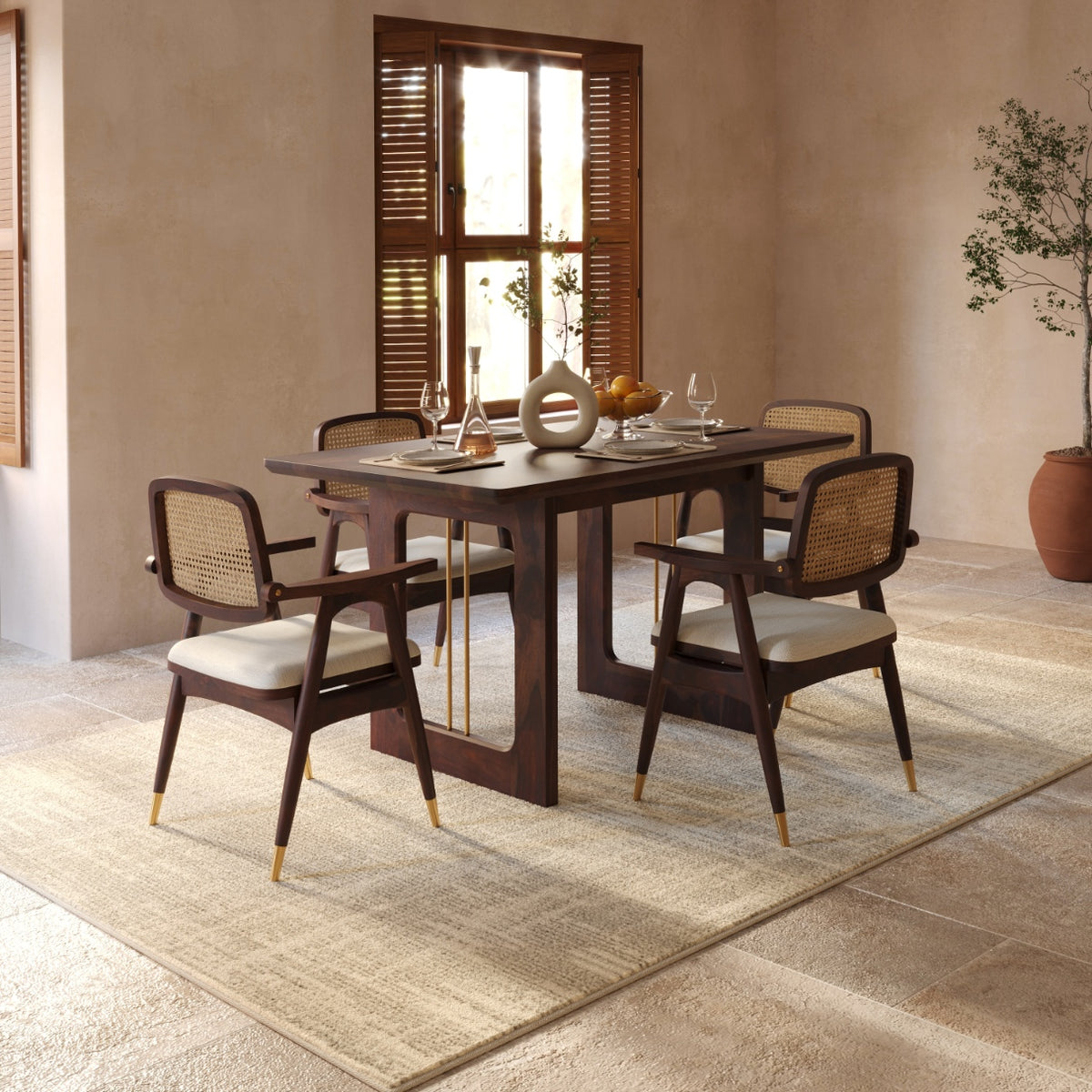 Sheesham Wood Dining Table 4 Seater with Modern Metal Accent Design