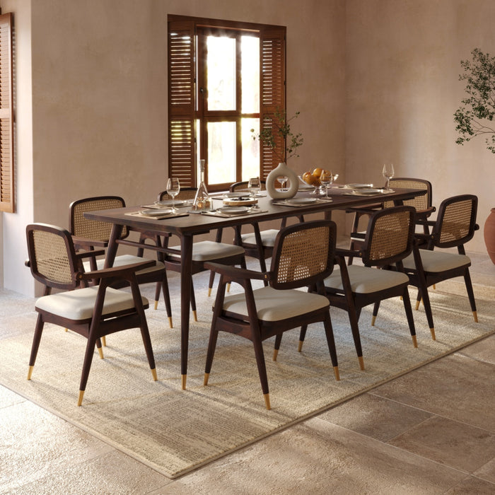 Wooden 8 Seater Dining Table Set with Cane Back Chairs