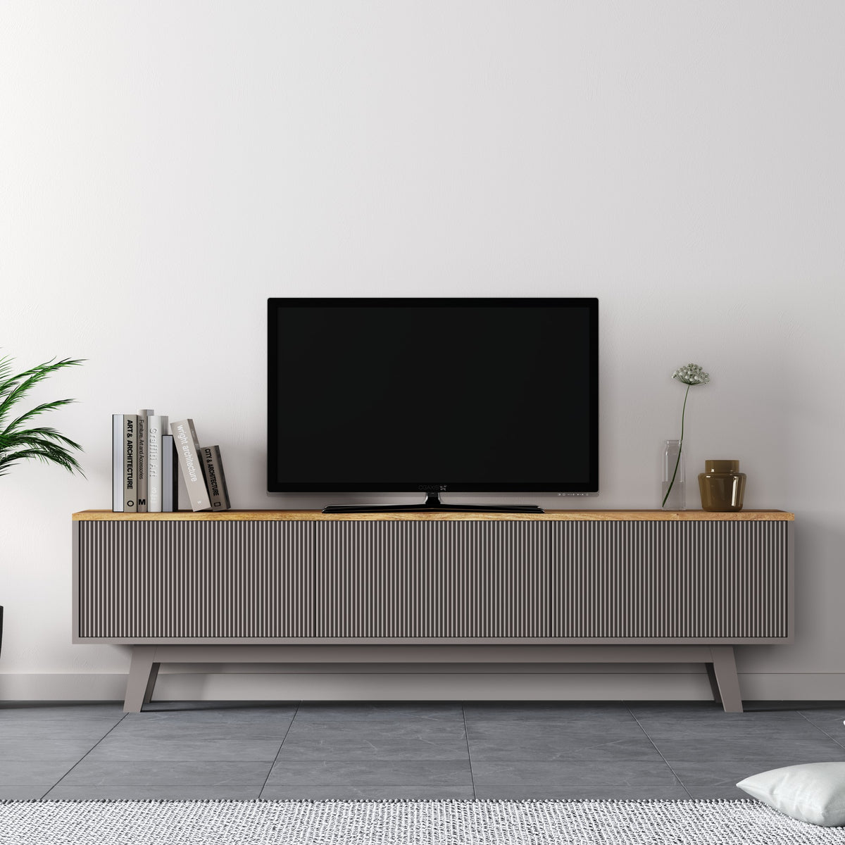Solid Wood Entertainment Unit with Cabinet Storage