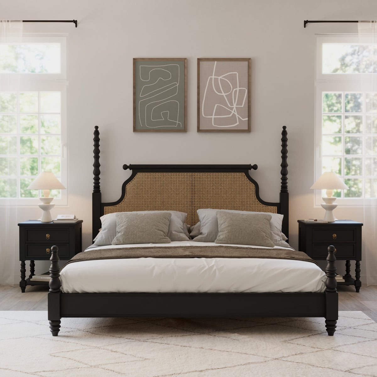 Solid Sheesham Wood King Size Bed with Cane Headboard