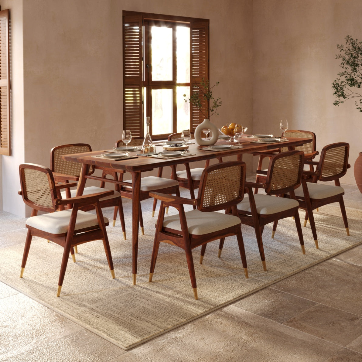 Sheesham Wood 8 Seater Dining Table Set with Cane Back Chairs