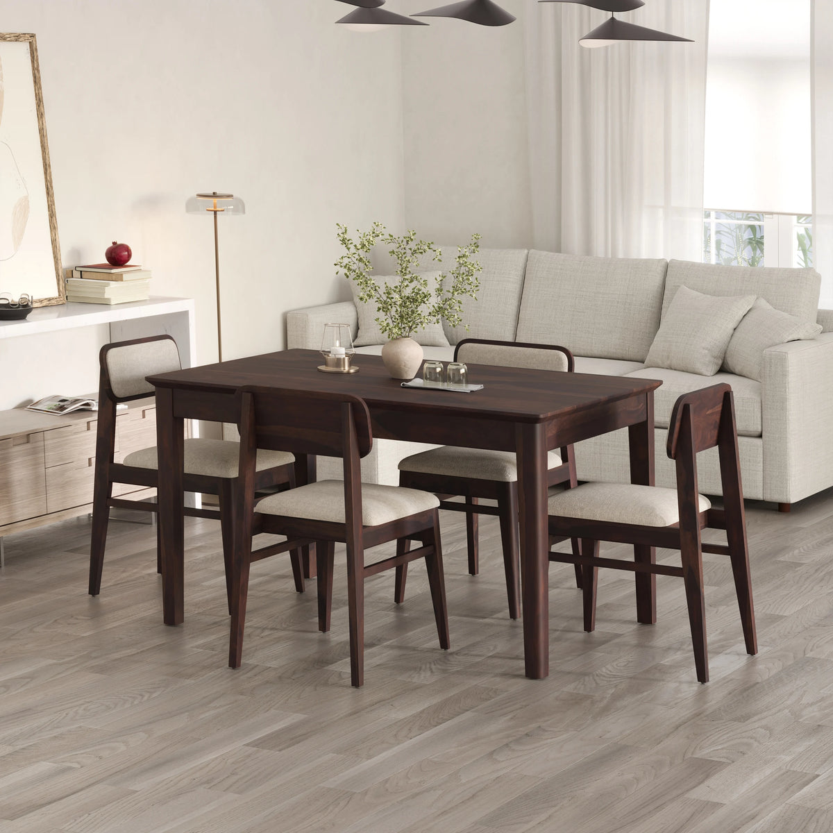 Oslo Solid Sheesham Wood 4 Seater Dining Table Set - Walnut Finish