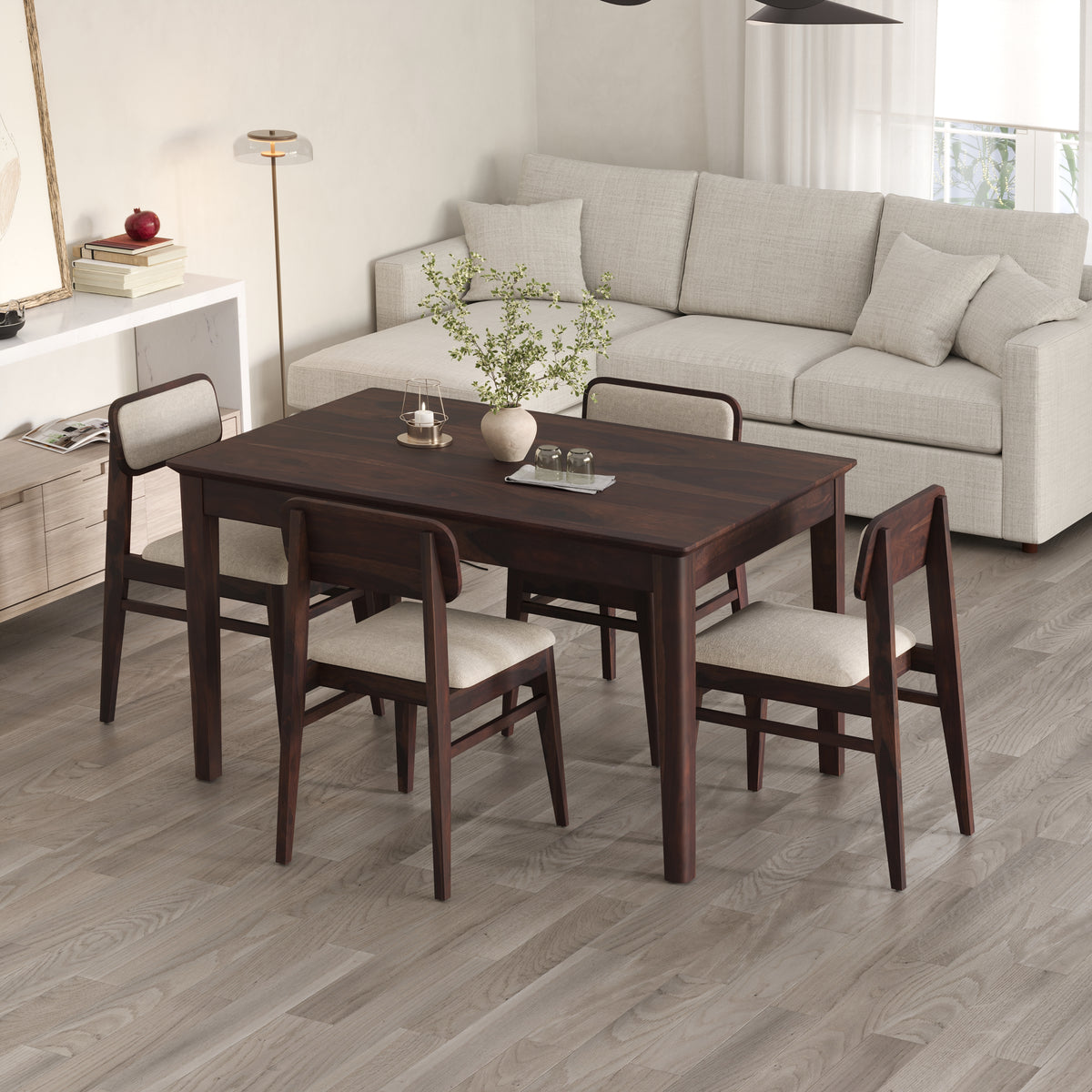 Oslo Solid Sheesham Wood 4 Seater Dining Table Set - Walnut Finish