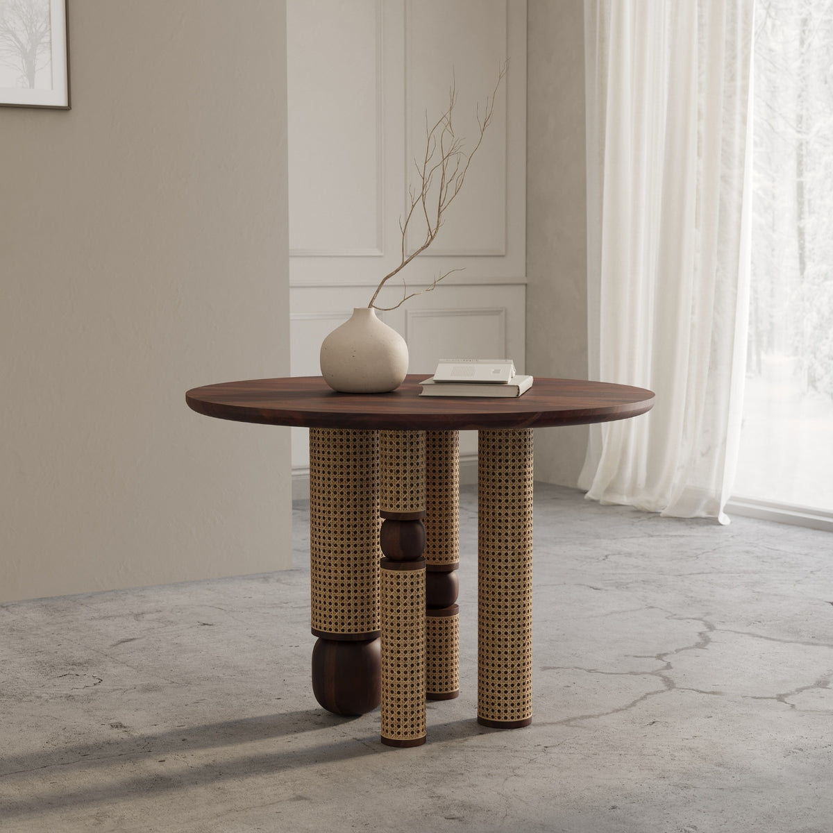Wooden Round Dining Table with Decorative Pedestal Base