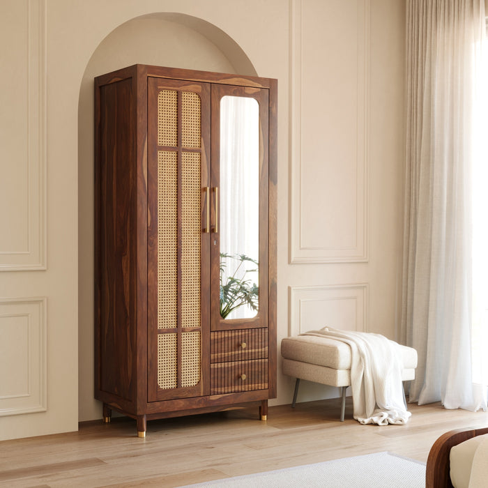 Wooden Wardrobe with Cane & Mirror