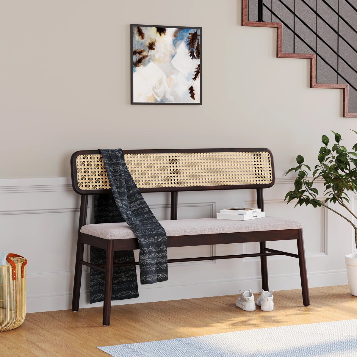 Wooden Bench with Cushioned Seat in Walnut Finish