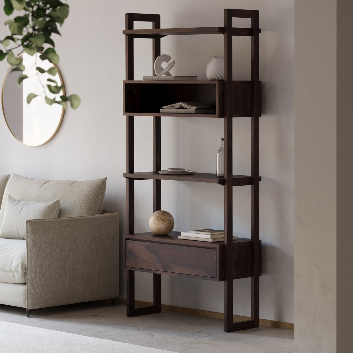 Wooden Tall Bookcase with Open Shelves & Storage
