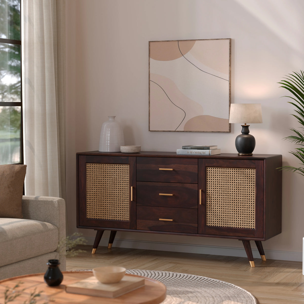 Wooden Sideboard Cabinet with Drawer in Walnut Finish