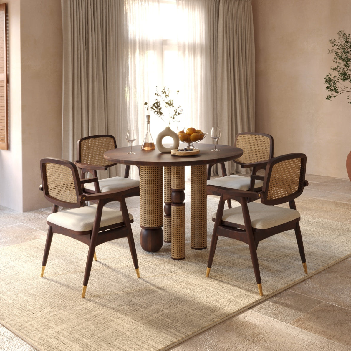 Sheesham Wood Dining Chair with Cane Back and Upholstered Seat