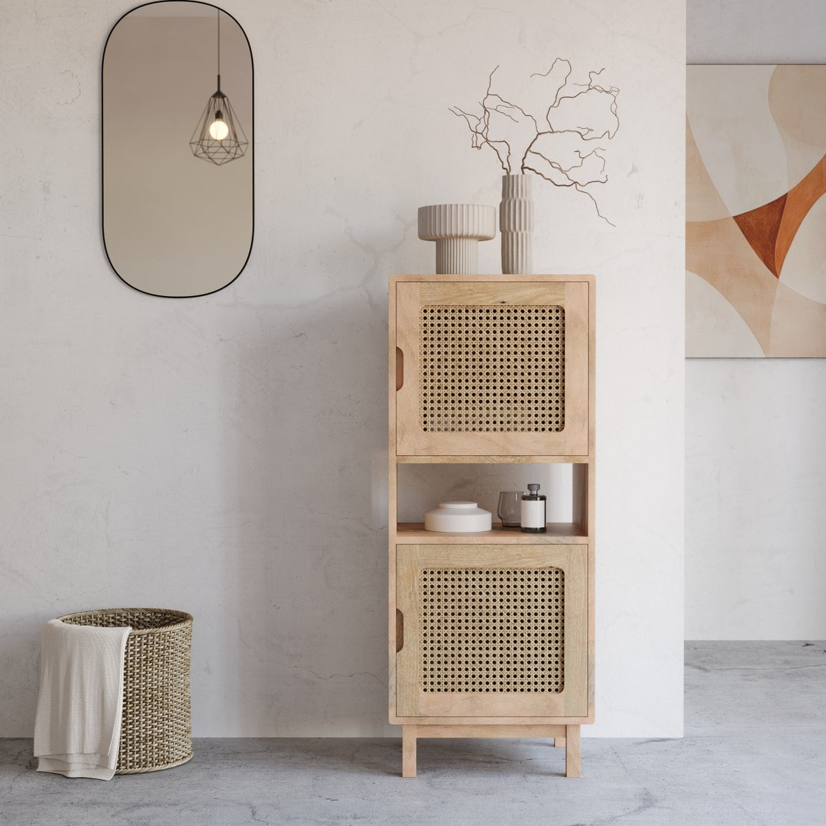 Wooden Freestanding Bookshelf with Cane Doors