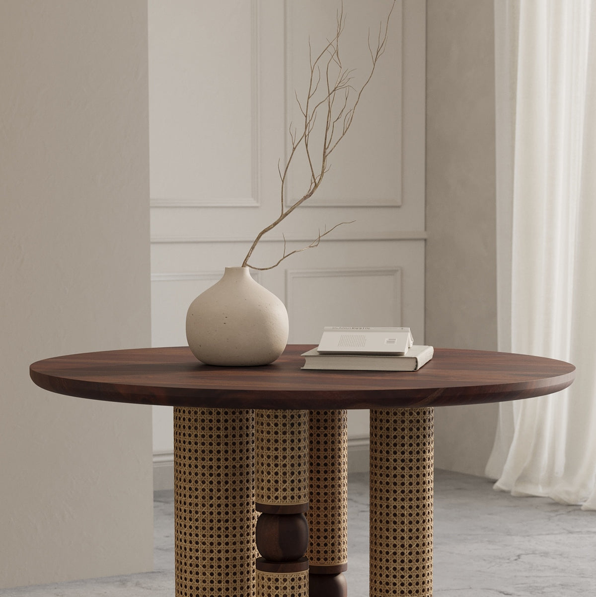 Wooden Round Dining Table with Decorative Pedestal Base