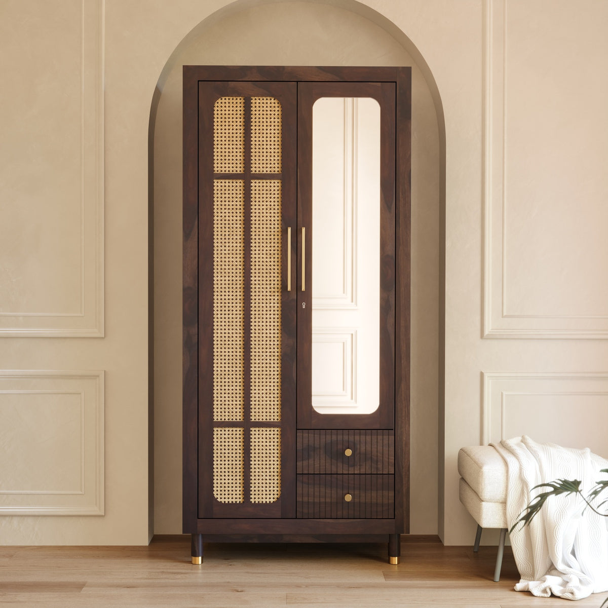 Sheesham Wood Wardrobe with Cane & Mirror