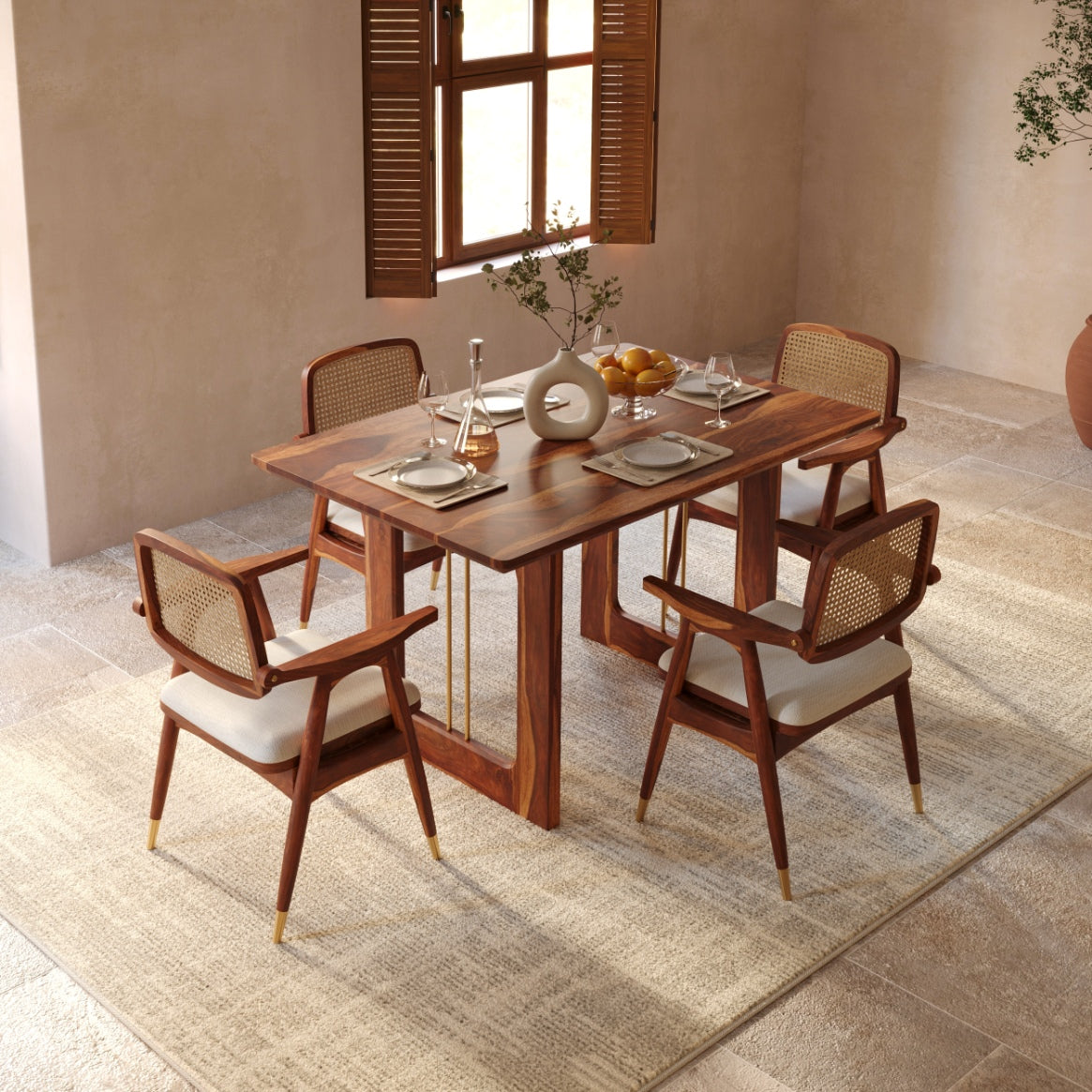 Sheesham Wood Dining Table 4 Seater with Modern Metal Accent Design