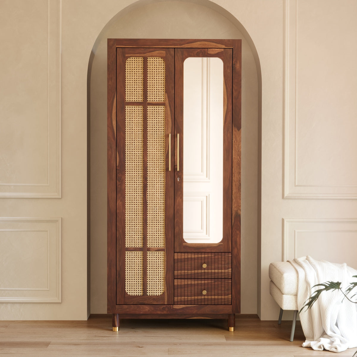 Sheesham Wood Wardrobe with Cane & Mirror