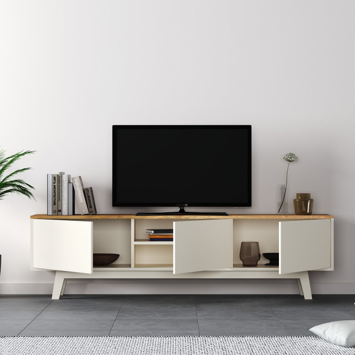 Solid Wood Entertainment Unit with Cabinet Storage