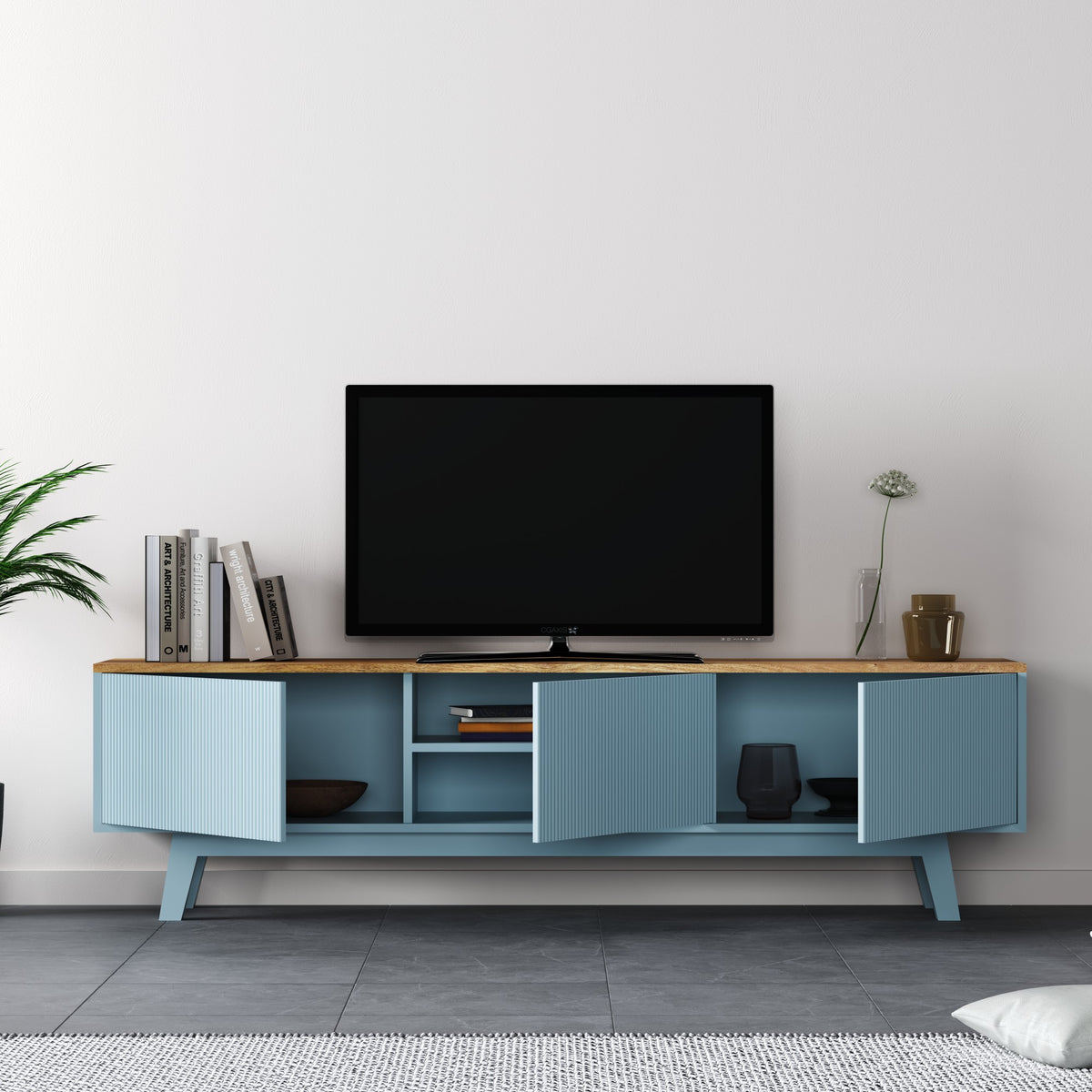 Solid Wood Entertainment Unit with Cabinet Storage