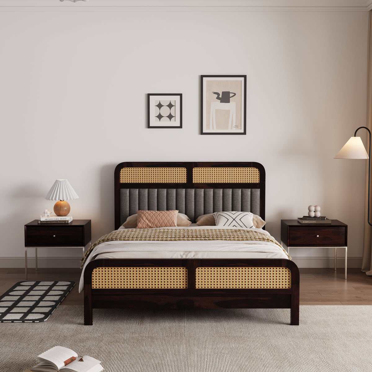 Wooden Queen Size bed without Storage in Walnut Finish for Bedroom