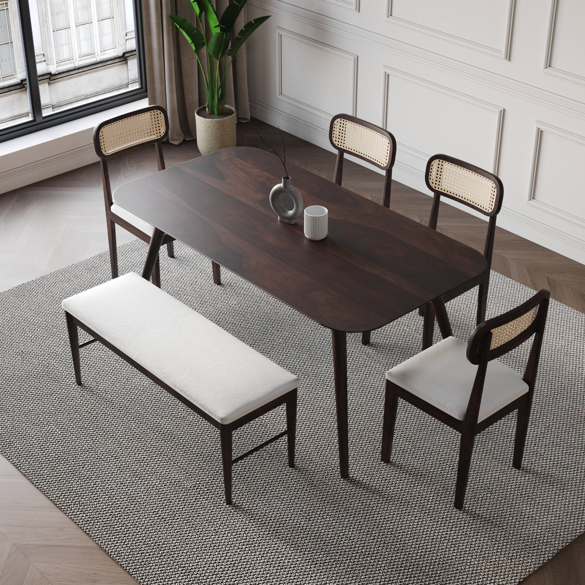 Solid Wood Dining Table 6 Seater Set with Bench for Dining Room