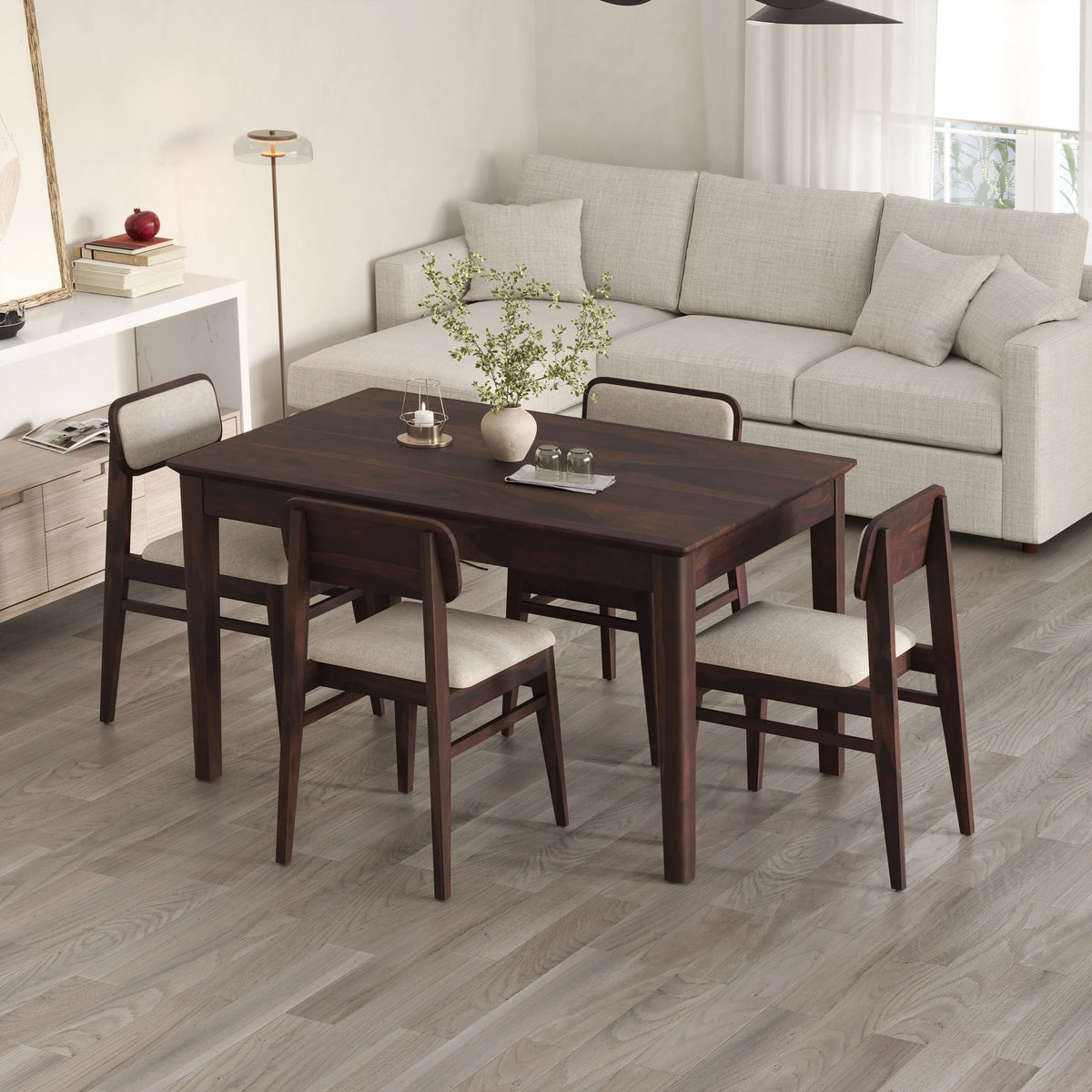 Oslo Solid Sheesham Wood 4 Seater Dining Table Set - Walnut Finish