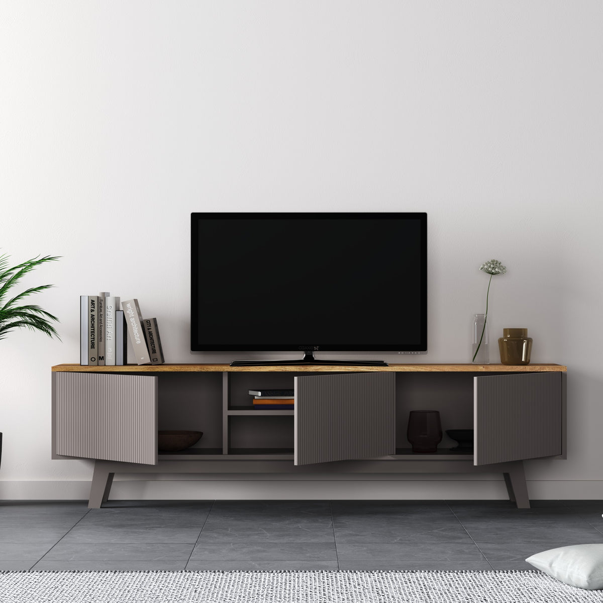 Solid Wood Entertainment Unit with Cabinet Storage