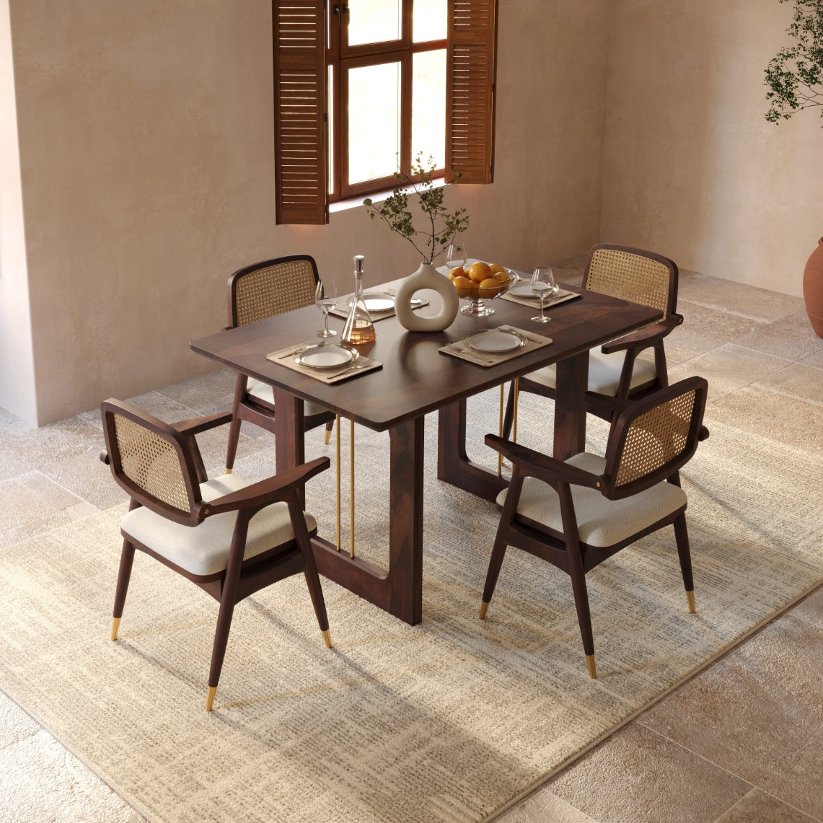 Sheesham Wood Dining Table 4 Seater with Modern Metal Accent Design