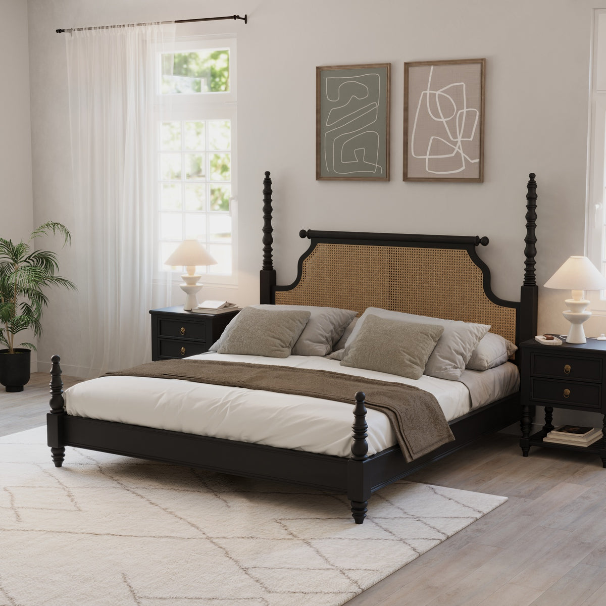 Solid Sheesham Wood King Size Bed with Cane Headboard