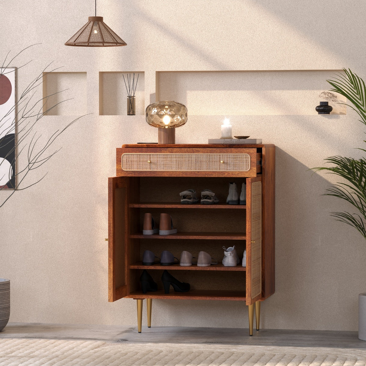 Solid Wood Shoe Cabinet in Rattan Design