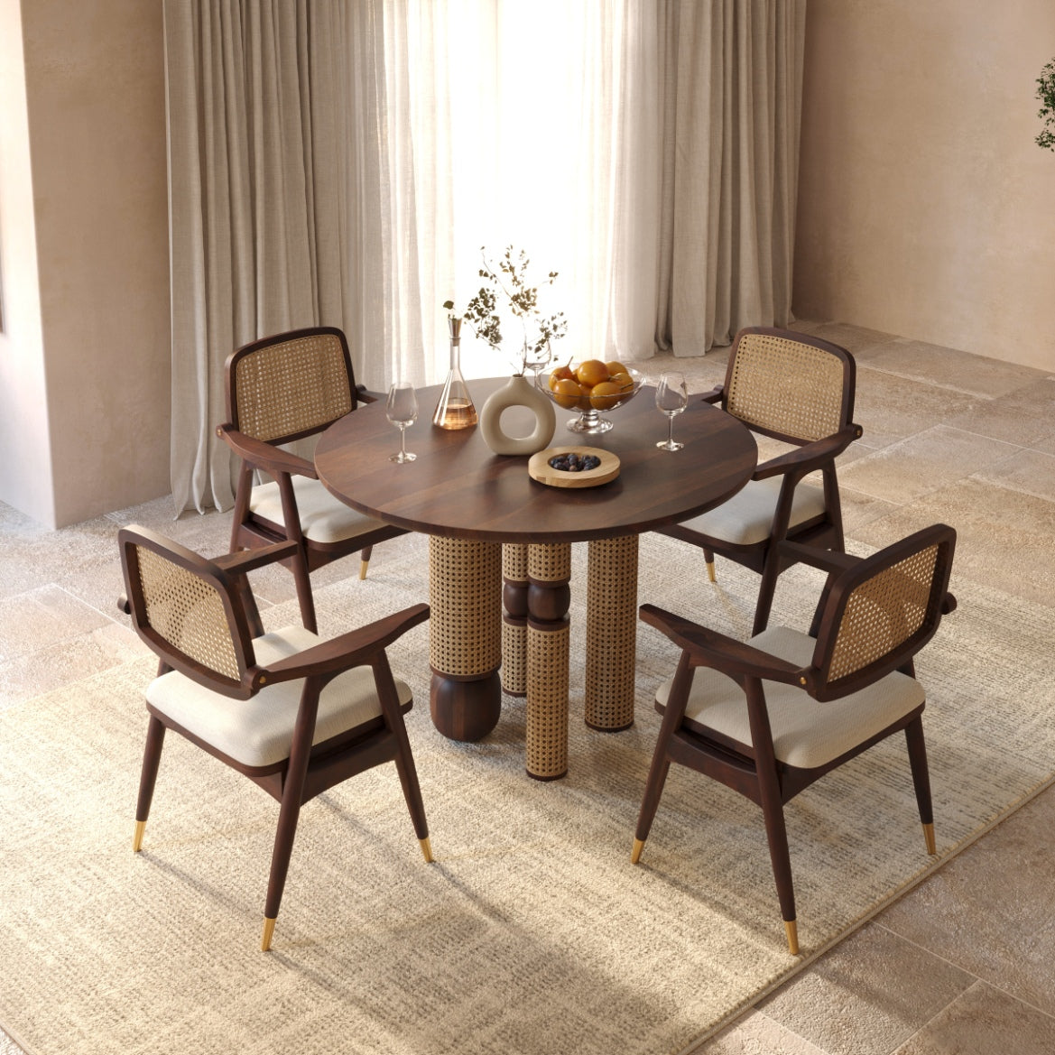Sheesham Wood Dining Chair with Cane Back and Upholstered Seat