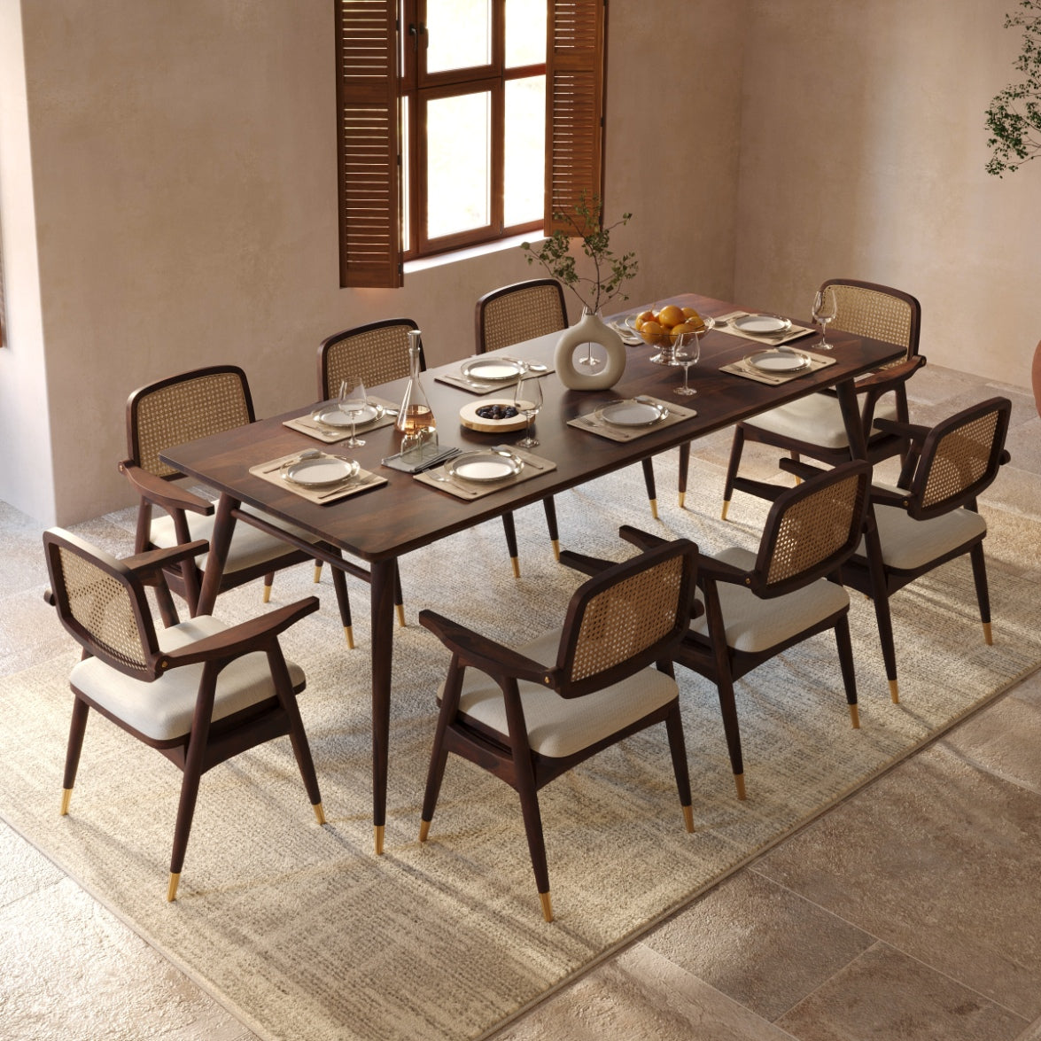 Sheesham Wood 8 Seater Dining Table Set with Cane Back Chairs