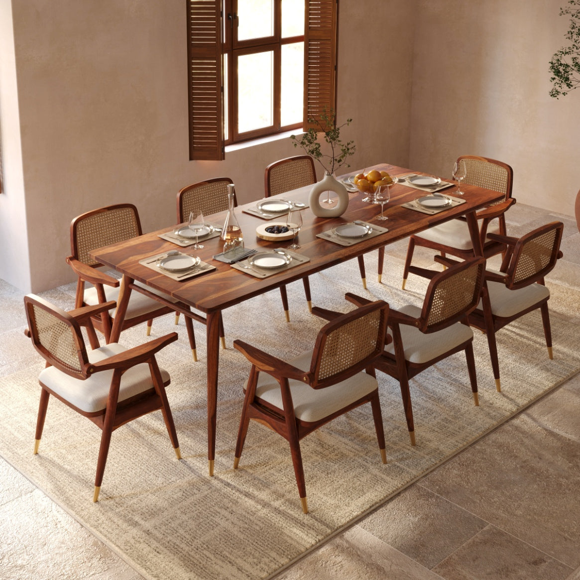 Sheesham Wood 8 Seater Dining Table Set with Cane Back Chairs