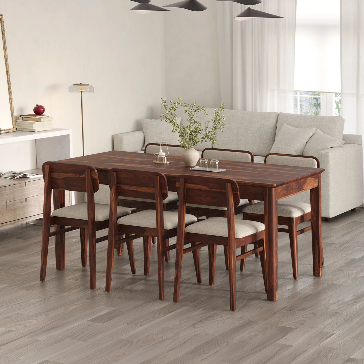 Oslo Solid Sheesham Wood 6 Seater Dining Table Set - Honey Finish