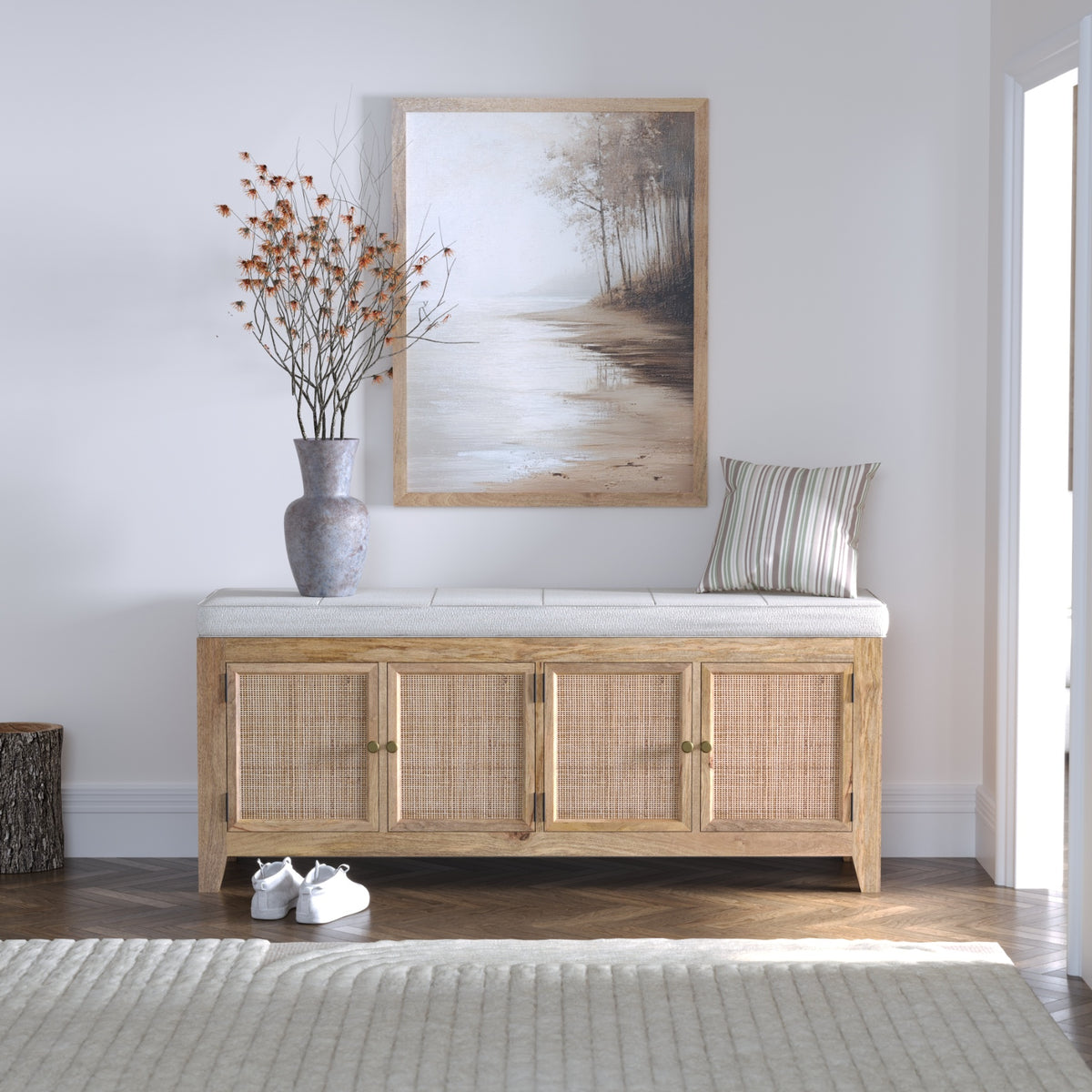 Solid Wood Shoe Cabinet in Rattan Design with Cushion Seat